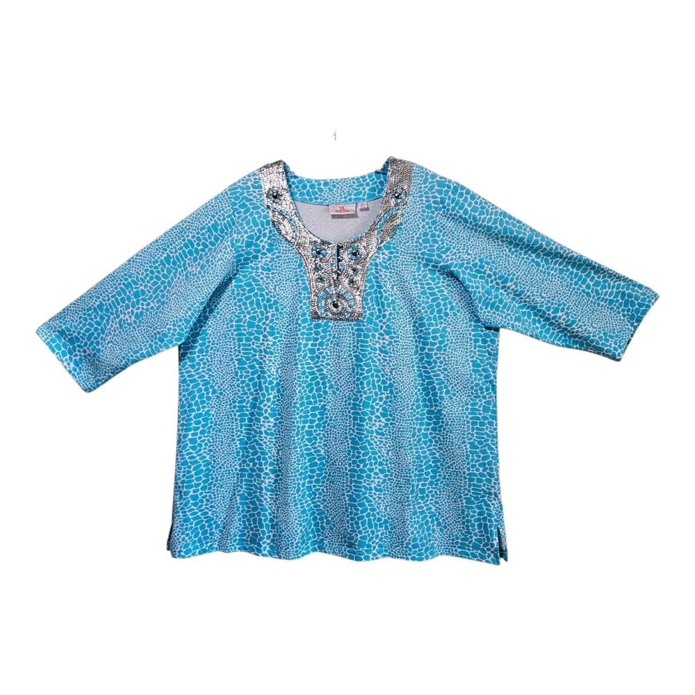 QUACKER FACTORY Women's Plus 2X Tunic Top Turquoise Silver Sequins Studs 50"